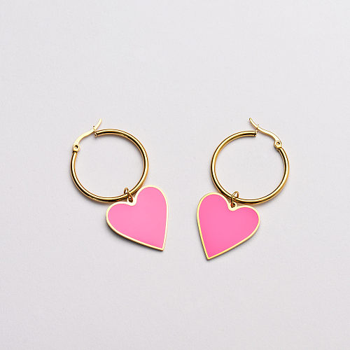 brincos de argola pingente de esmalte rosa em forma de coração-SSEGG142-33691
