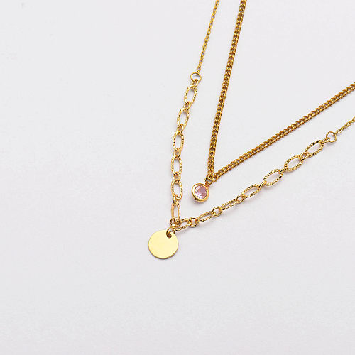 gold plated stainless steel round charm with zircon layer necklace-SSNEG142-33670