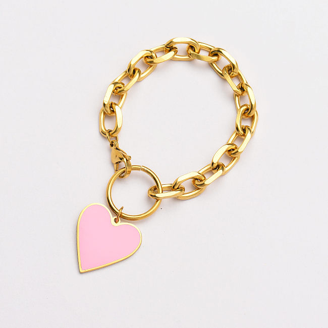 Pulseiras com pingente de coração rosa banhado a ouro 18K para mulheres -SSBTG142-33772