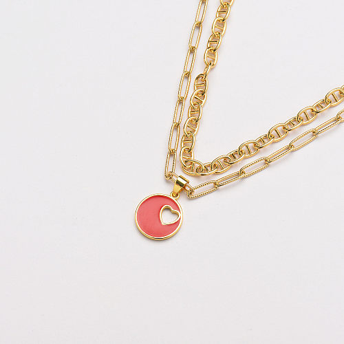 fashion copper red round pedant with heart layer necklace-SSNEG142-33705