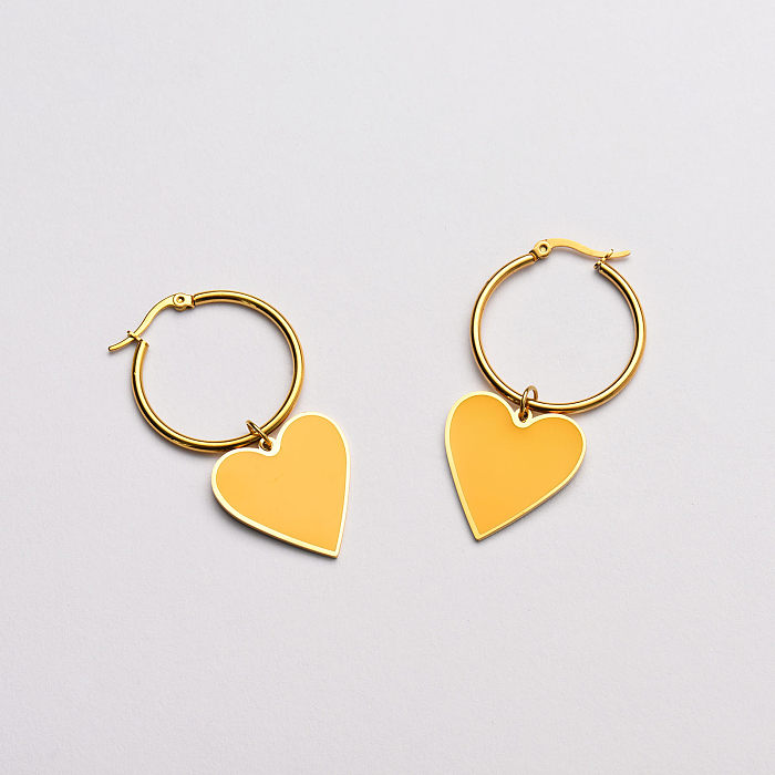 brincos de argola pingente de esmalte amarelo em forma de coração-SSEGG142-33692