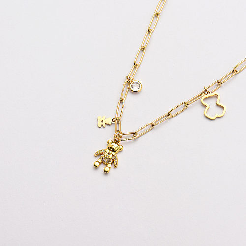 fashion gold copper bear charm with stainless steel chain necklace-SSNEG142-33713