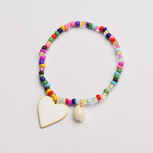 pulsera con colgante de corazón de esmalte blanco con cuentas de colores-SSBTG142-33627