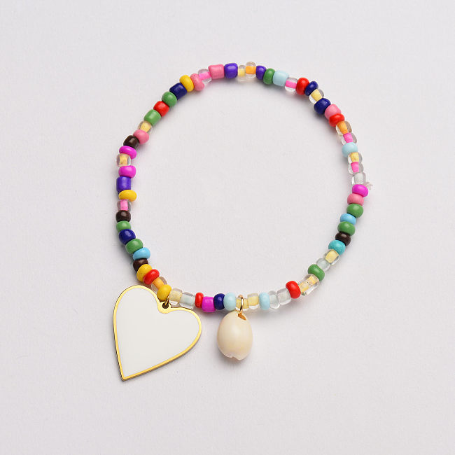 pulseira pendente com coração de esmalte branco com miçangas coloridas-SSBTG142-33627