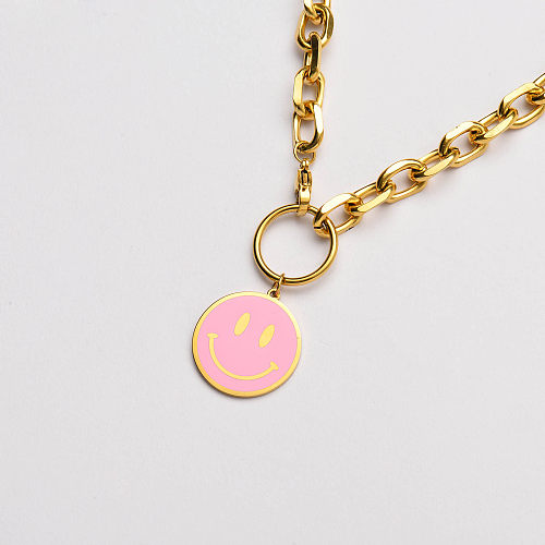 18k gold plated smile pink pendant thick chain necklace-SSNEG142-33639