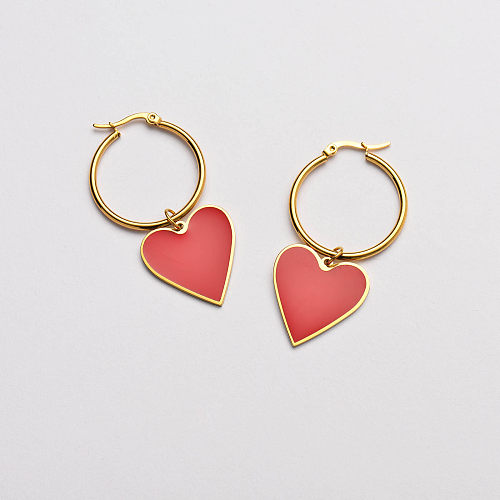red enamel heart pendant hoop earrings-SSEGG142-33683