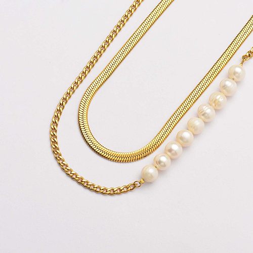 18k Gold Plated Snake Chain Pearl Necklace -SSNEG142-33763