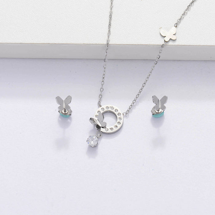 Stainless Steel  CZ Zircon Butterfly Necklace Jewelry Sets for Women -SSCSG143-33881