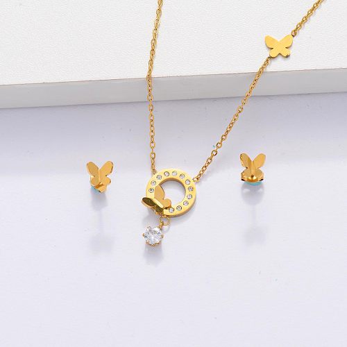 Conjuntos de joias com colar de borboleta de zircão CZ banhado a ouro 18k para mulheres -SSCSG143-33880