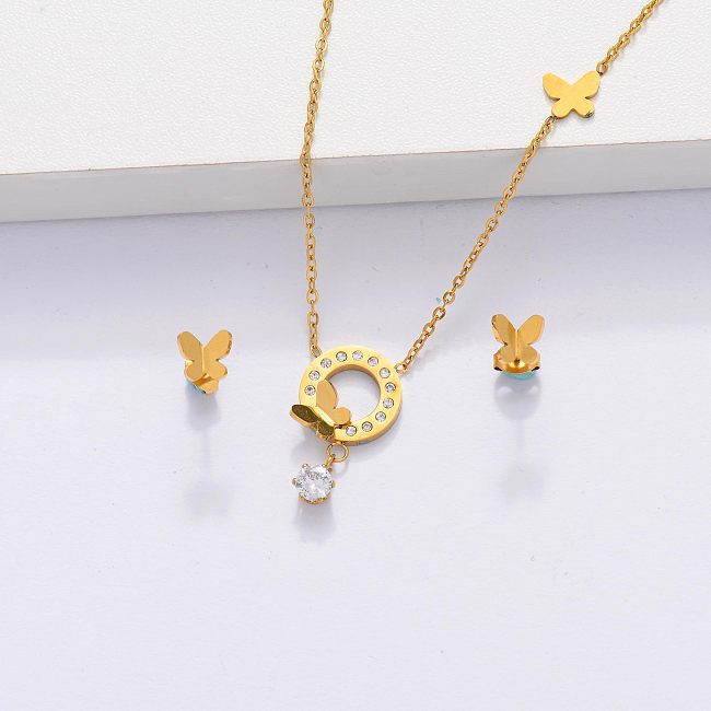 18k Gold Plated  CZ Zircon Butterfly Necklace Jewelry Sets for Women -SSCSG143-33880