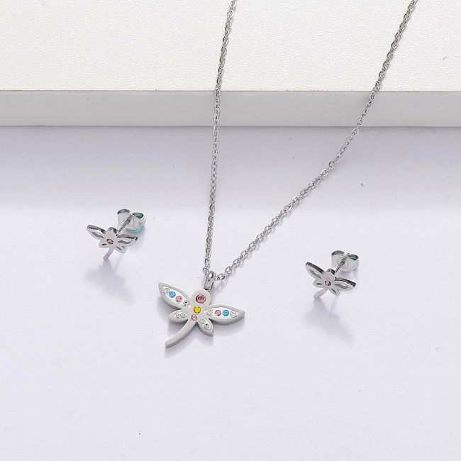 Conjuntos de joias de cristal de libélula de aço inoxidável para mulheres -SSCSG143-33877