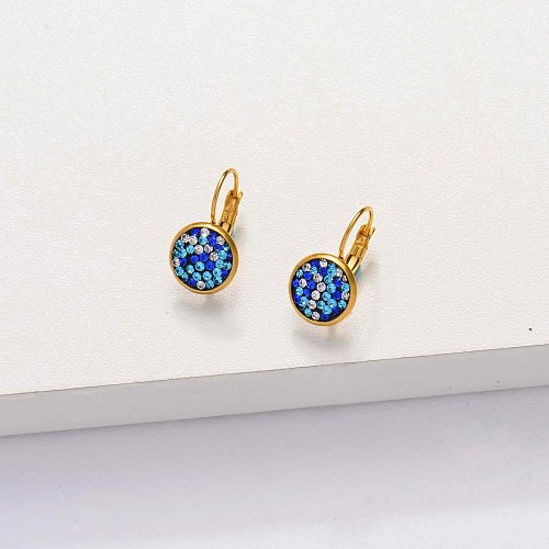 Aretes Colgantes Pavimentados De Cristal Azul Chapado En Oro 18k -SSEGG143-33840