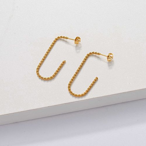 18k Gold Plated Braided Steel Rectangular Hoop Earrings -SSEGG143-33843
