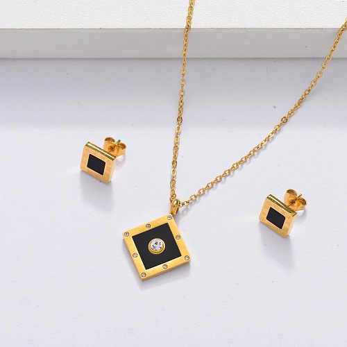 طقم مجوهرات مربع عقيق أسود مطلي بالذهب 18 قيراط - SSCSG143-33878