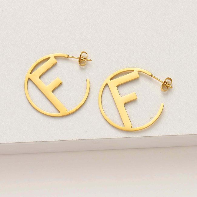 18k Gold Plated F Hoop Earrings -SSEGG143-33825