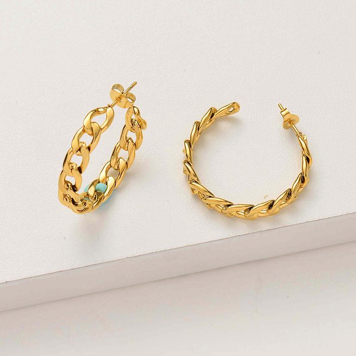 18K Gold Plated Chain Hoop Earrings -SSEGG143-33822