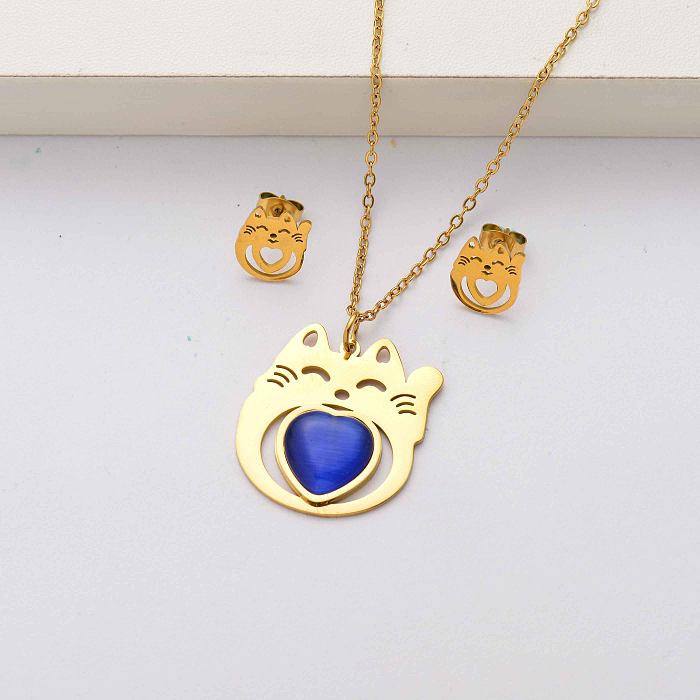 Ensembles de bijoux en acier inoxydable plaqué or 18 carats en pierre naturelle de chat pour femmes-SSCSG143-34561