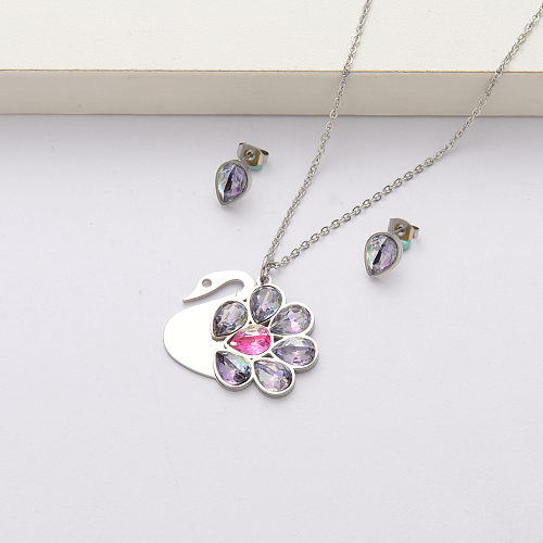 Swan crystal stainless steel necklace sets for women-SSCSG143-34391
