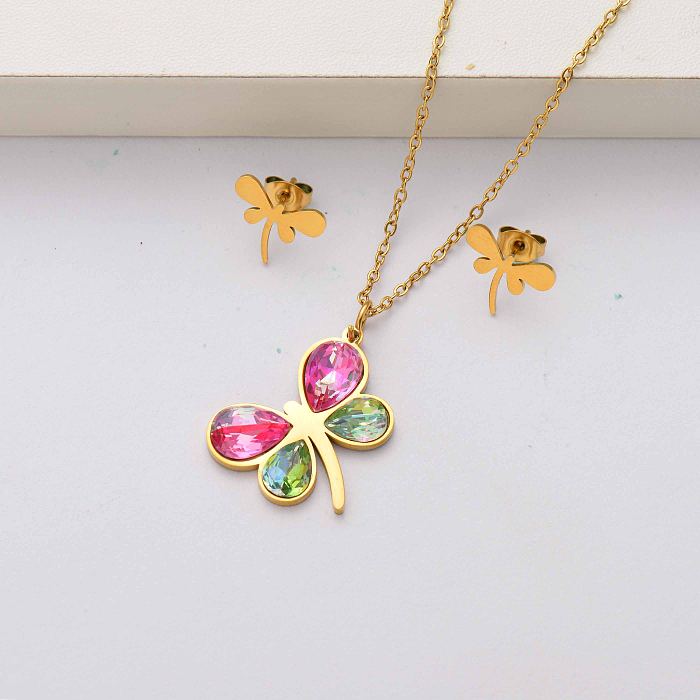 Dragonfly crystal 18k gold plated stainless steel jewelry sets for women-SSCSG143-34543