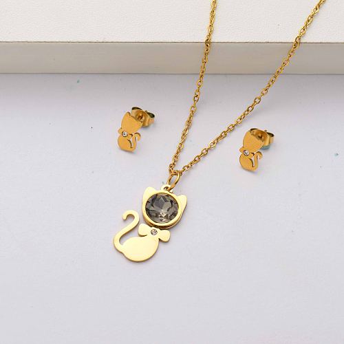 Cat crystal 18k gold plated stainless steel jewelry sets for women-SSCSG143-34503