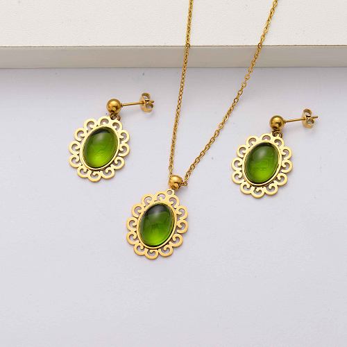 Natural stone 18k gold plated stainless steel jewelry sets for women-SSCSG143-34486