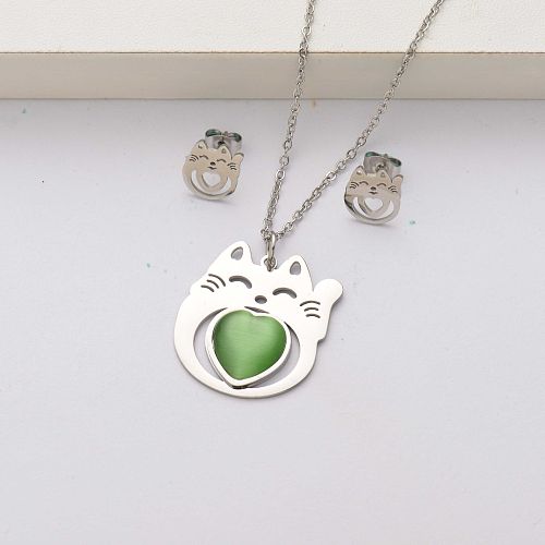 Conjuntos de joyas de acero inoxidable con piedra natural de gato para mujer-SSCSG143-34558