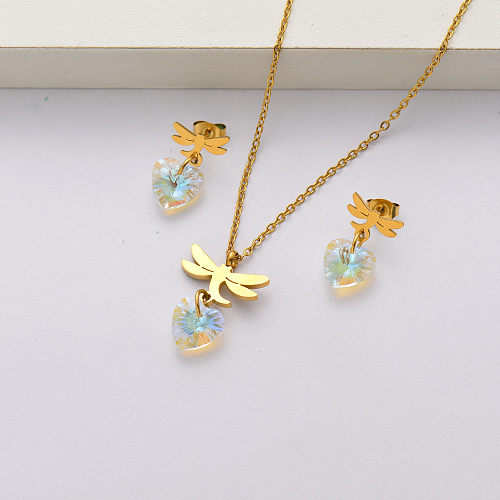 Conjuntos de joias de cristal de libélula banhados a ouro 18k de aço inoxidável para mulheres-SSCSG143-34648