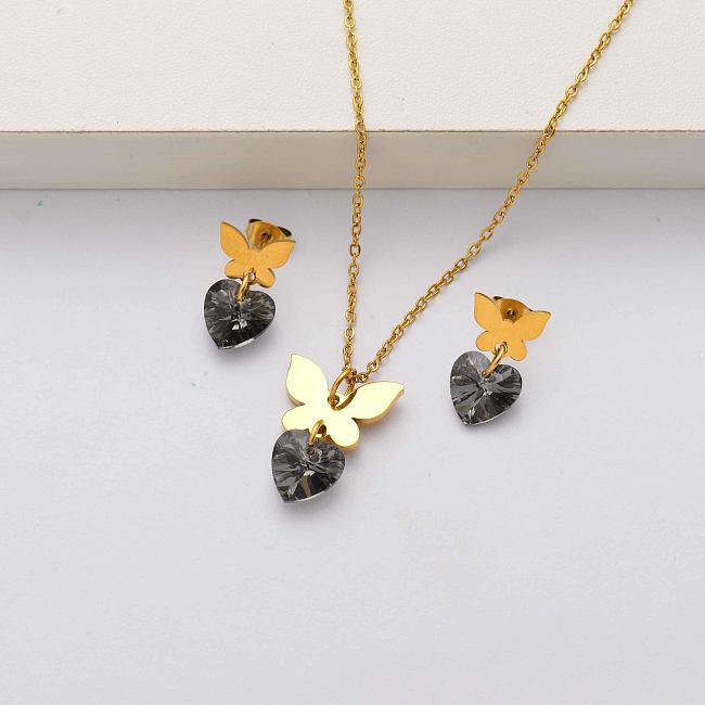 Ensembles de bijoux en acier inoxydable plaqué or 18 carats Butterfly pour femmes-SSCSG143-34457