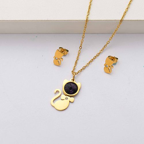 Cat crystal 18k gold plated stainless steel jewelry sets for women-SSCSG143-34502
