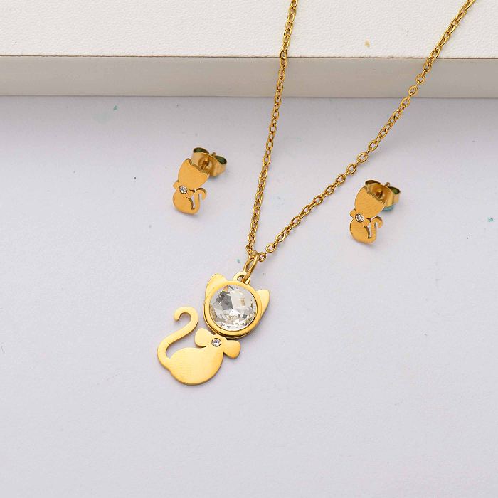 Cat crystal 18k gold plated stainless steel jewelry sets for women-SSCSG143-34513