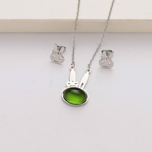 Rabbit natural stone fashion stainless steel jewelry sets for women-SSCSG143-34588