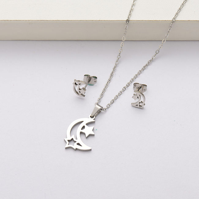 Moon and starts stainless steel necklace sets for women-SSCSG143-34380
