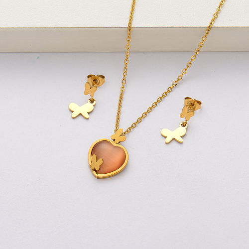 Conjuntos de joyas de acero inoxidable chapado en oro de 18k con piedra natural para mujer-SSCSG143-34416
