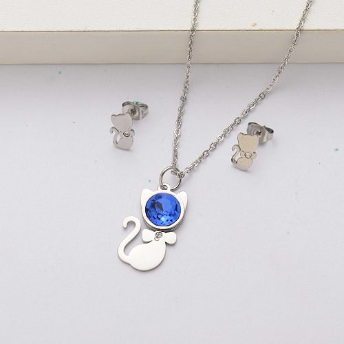 Cat crystal stainless steel jewelry sets for women-SSCSG143-34531