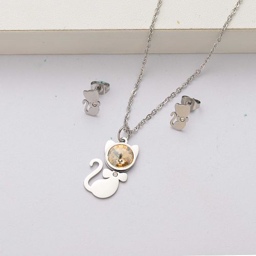 Cat crystal stainless steel jewelry sets for women-SSCSG143-34522