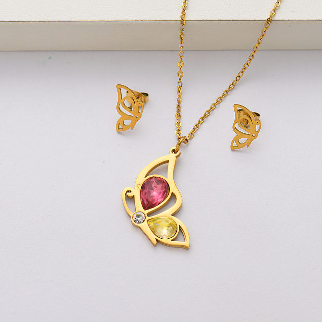 Conjuntos de joyas de acero inoxidable chapados en oro de 18 quilates con cristales de mariposa para mujeres-SSCSG143-34439