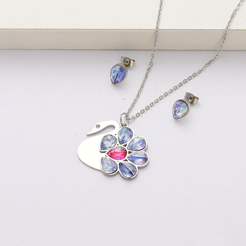 Swan crystal stainless steel necklace sets for women-SSCSG143-34393