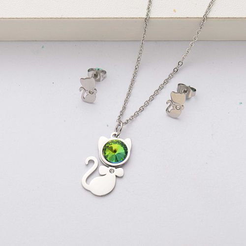 Conjuntos de joyas de acero inoxidable con cristales de gato para mujer-SSCSG143-34520