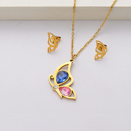 Butterfly crystal 18k gold plated stainless steel jewelry sets for women-SSCSG143-34441