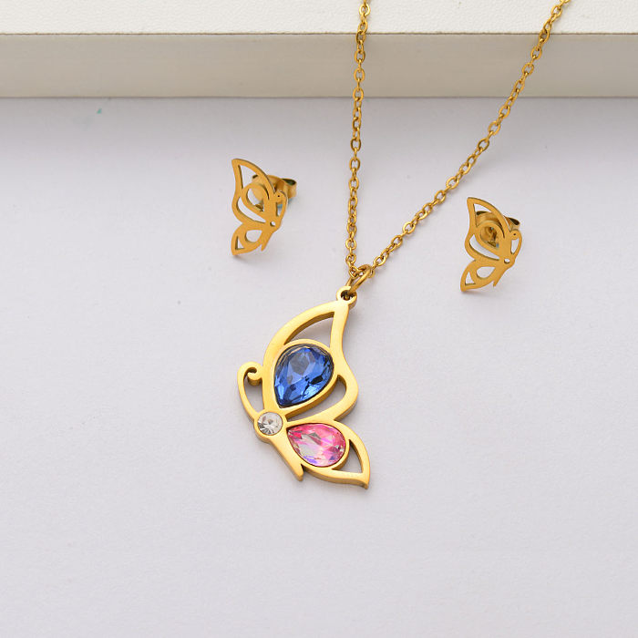Conjuntos de joyas de acero inoxidable chapados en oro de 18 quilates con cristales de mariposa para mujeres-SSCSG143-34441