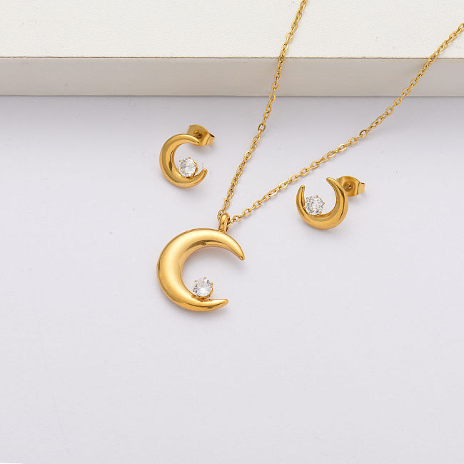 Moon CZ Zircon Conjuntos de joyas de acero inoxidable chapado en oro de 18 quilates para mujer-SSCSG143-34374