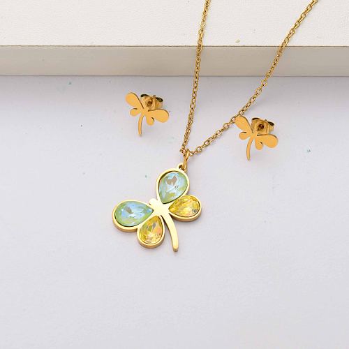 Dragonfly crystal 18k gold plated stainless steel jewelry sets for women-SSCSG143-34544