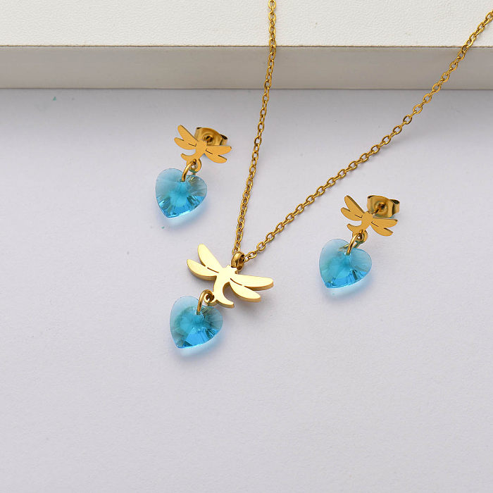 Conjuntos de joias de cristal de libélula banhados a ouro 18k de aço inoxidável para mulheres-SSCSG143-34451