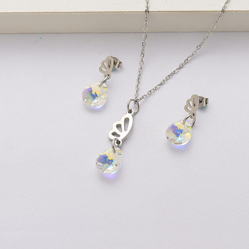 Conjuntos de joyas de acero inoxidable con cristal de ala de mariposa para mujer-SSCSG143-34450