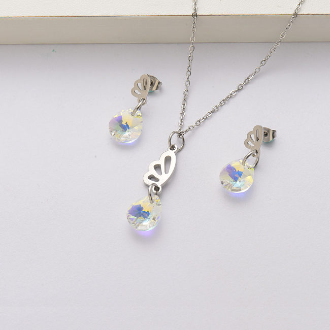 Conjuntos de joias de cristal de asa de borboleta em aço inoxidável para mulheres-SSCSG143-34450