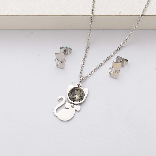 Cat crystal stainless steel jewelry sets for women-SSCSG143-34533