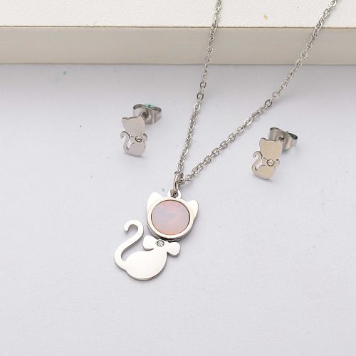 Cat crystal stainless steel jewelry sets for women-SSCSG143-34524