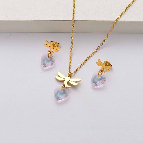 Dragonfly crystal 18k gold plated stainless steel jewelry sets for women-SSCSG143-34454