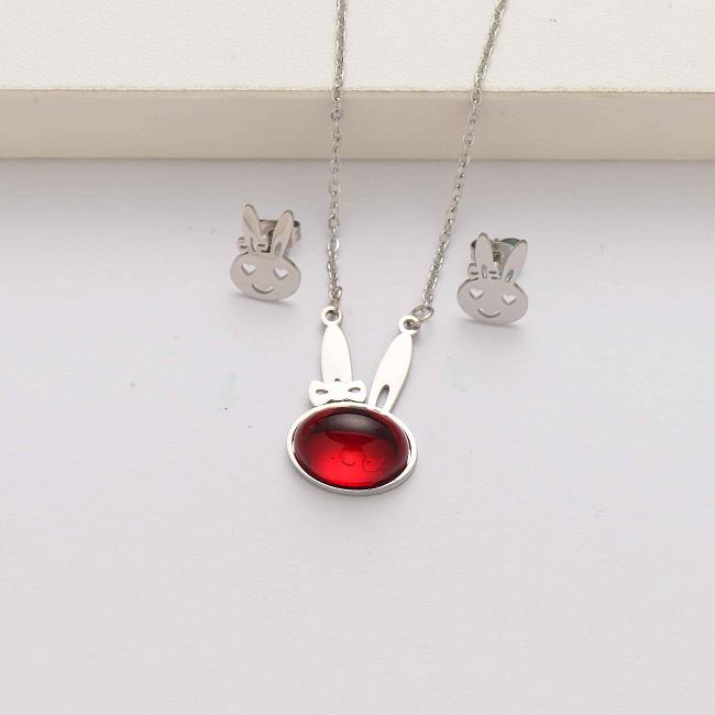 Conjuntos de joias de aço inoxidável de moda de pedra natural para coelho para mulheres-SSCSG143-34593