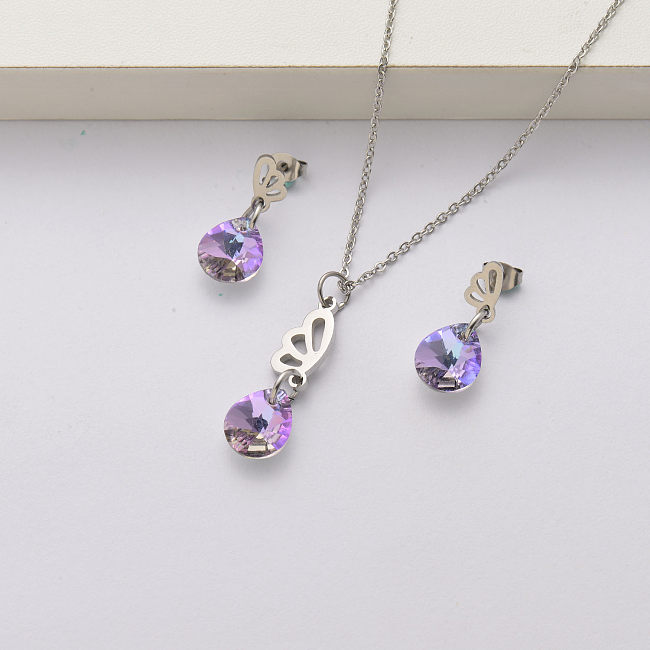 Conjuntos de joias de cristal de asa de borboleta em aço inoxidável para mulheres-SSCSG143-34449